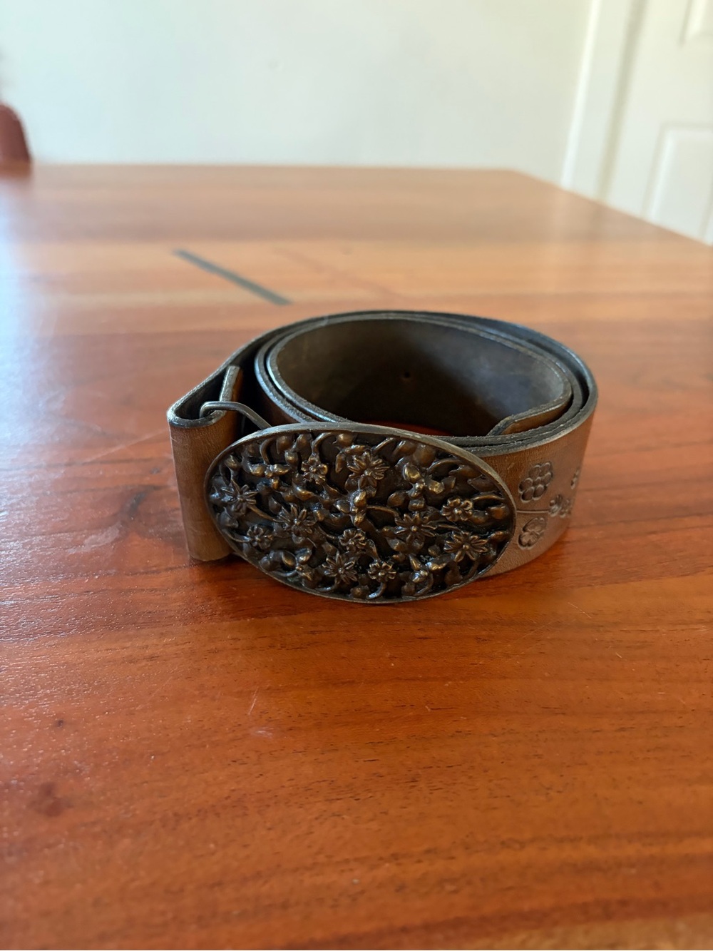 Brown Belt with Ornate Brass Floral Buckle
